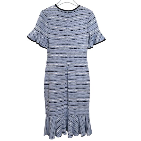 Shoshanna Size 4 Sophie Stripe Midi Dress Blue Ruffle Hem Knit Statement Sleeve - Picture 3 of 7